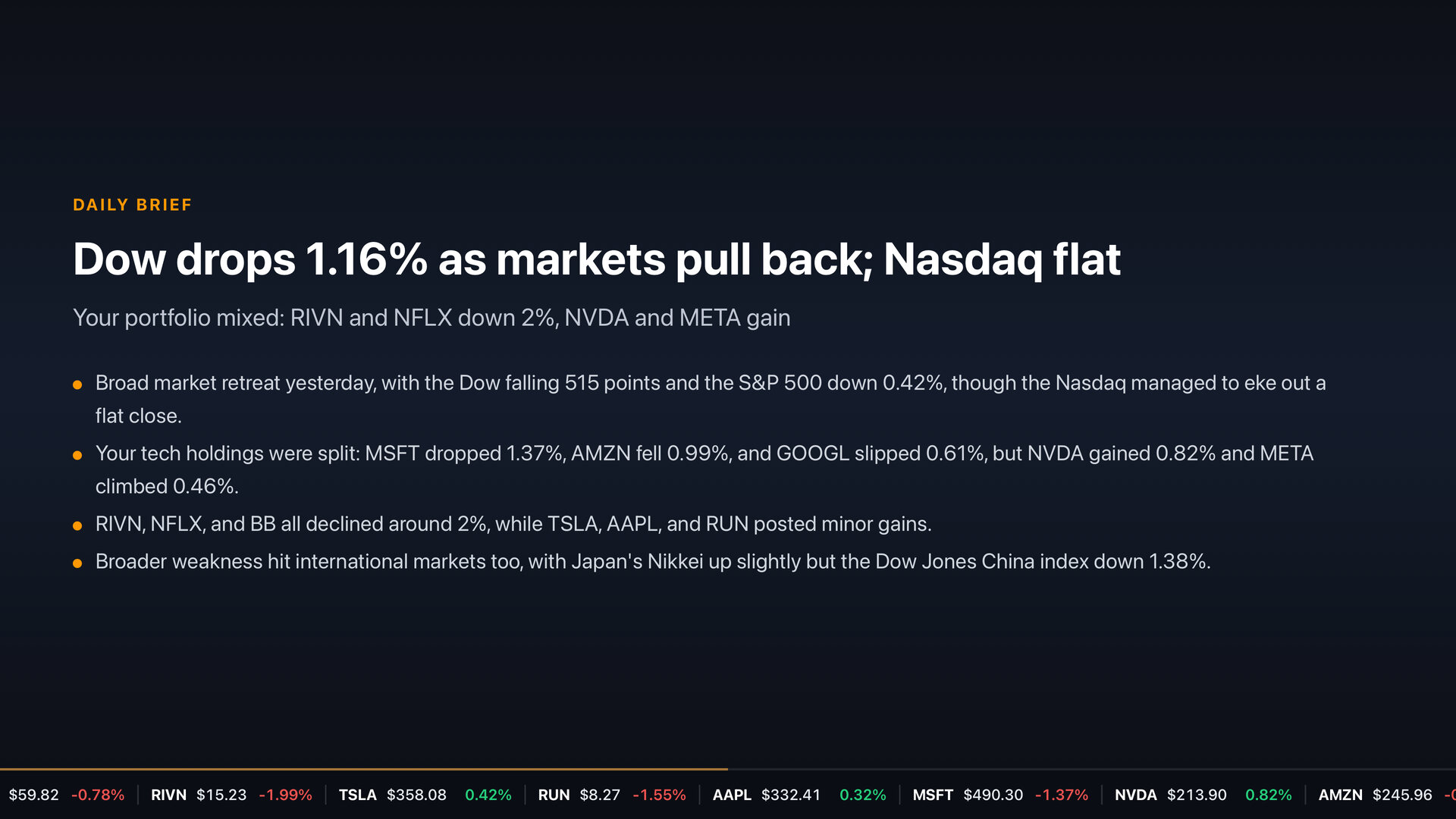 Daily Brief: a plain-English summary of your stocks and the market