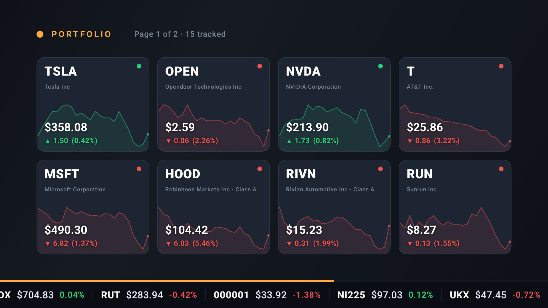 Stream scene: the viewer's portfolio with sparkline charts and live ticker
