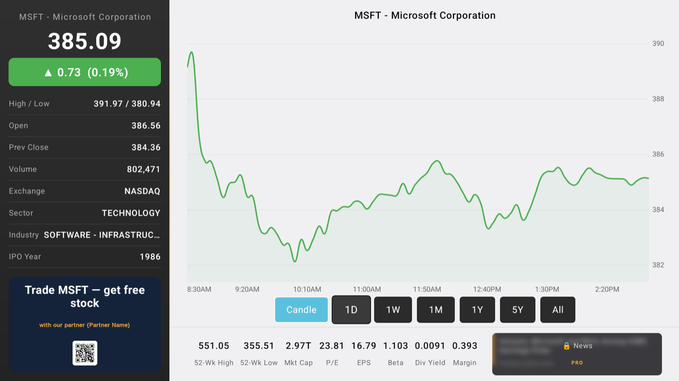 Actual stock-detail page from the app: MSFT quote, chart, and the partner offer card with QR code