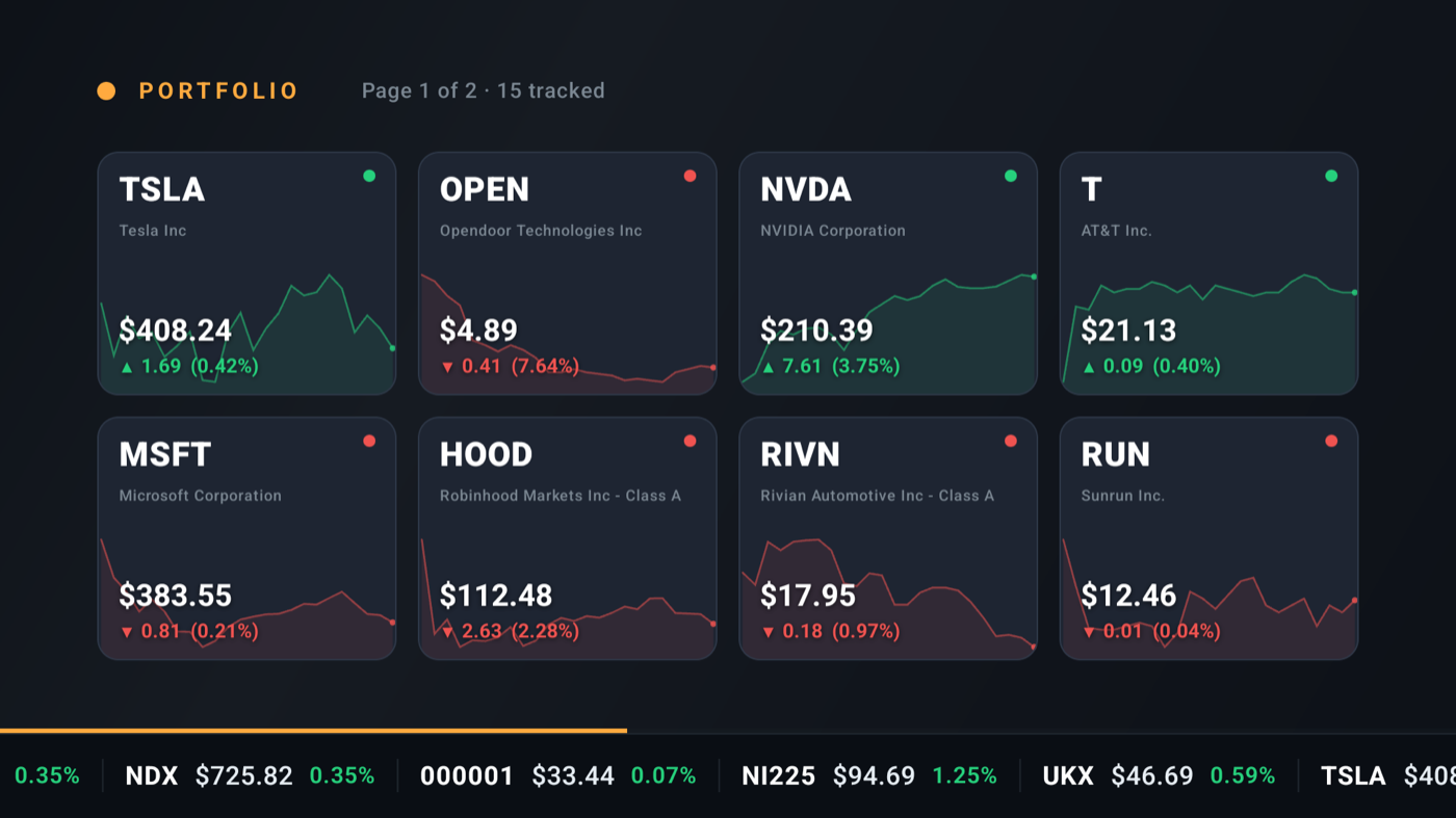 Stream scene: the viewer's portfolio with sparkline charts and live ticker
