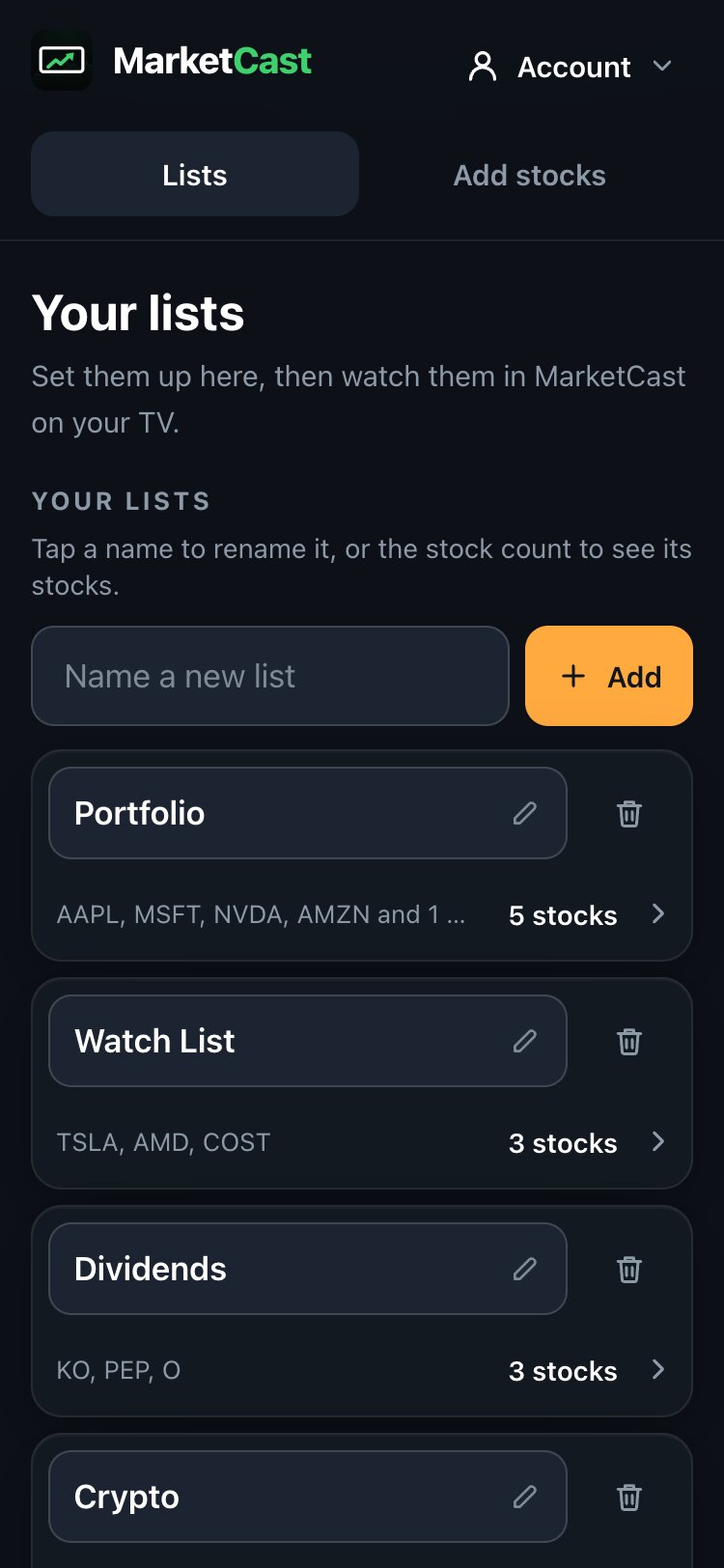 MarketCast lists on a phone: Portfolio, Watch List, Dividends and Crypto, each with its stocks and a name you can edit